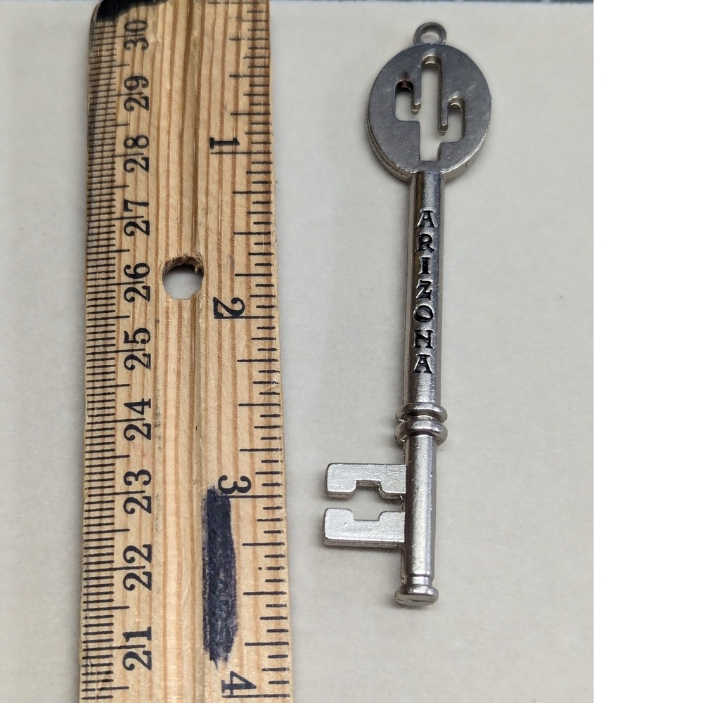 Vtg Arizona Souvenir Skeleton Key Charm Pendant SilverTone Cactus Cutout Metal